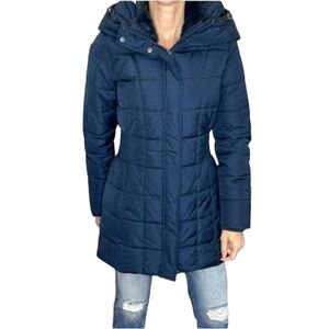 Navy Blue Vegan down Quilted hooded Parka winter coat XS